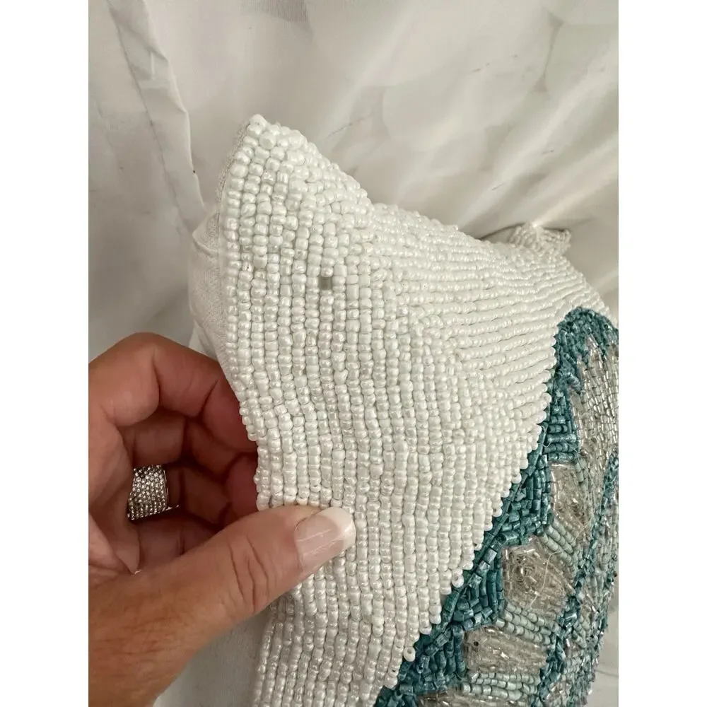 White GLASS  Beaded Accent Pillow Blue Shell Coastal Beach Teal Blue Square 12”
